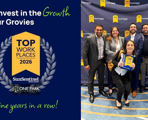 One Park Financial team celebrating ninth Sun Sentinel Top Workplaces award win